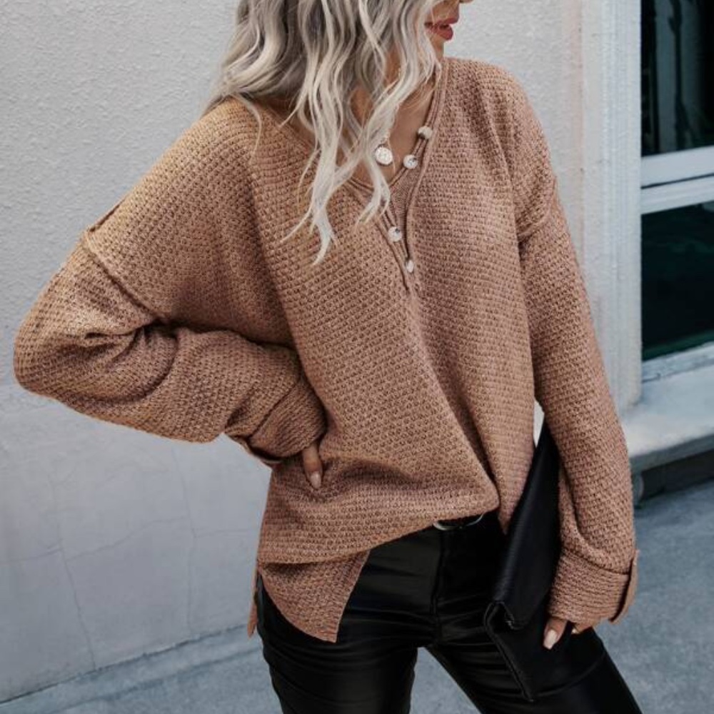 Camel V neck Oversized Knit Sweater Top Minimalist - Picture 1 of 5